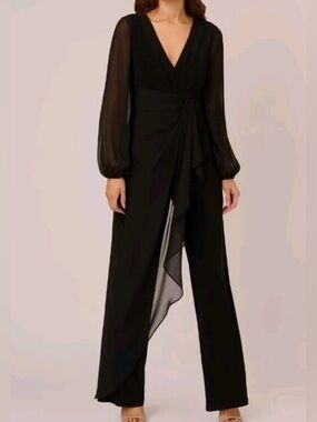 Adrianna Papell Black Long Sleeve V-Neck Jersey Chiffon Combo Jumpsuit NEW